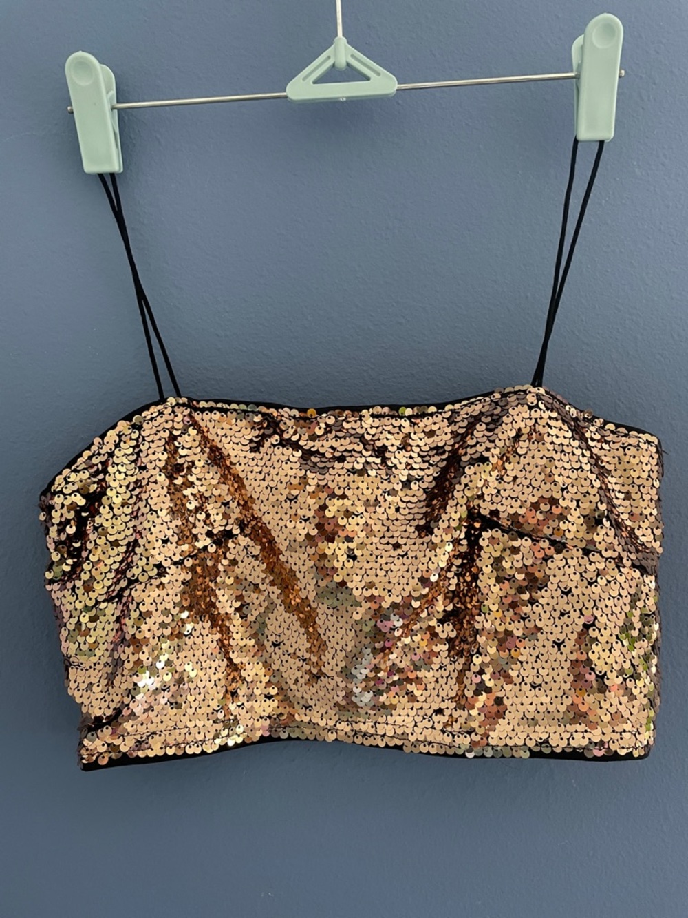 SHEIN Rose Gold Sequin Crop Top with Black Spaghetti Straps